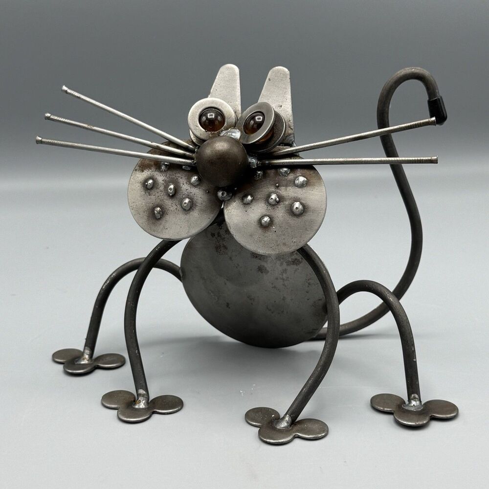 Metal Sitting Cat Sculpture Folk Yard Art Garden Brutalist Welded Marble Eyes